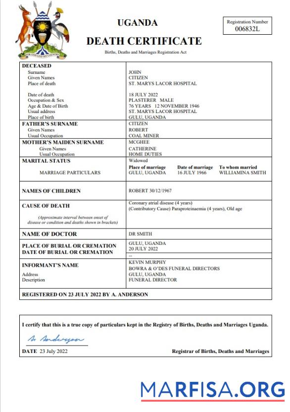Printable Uganda vital record death certificate Word and PDF template